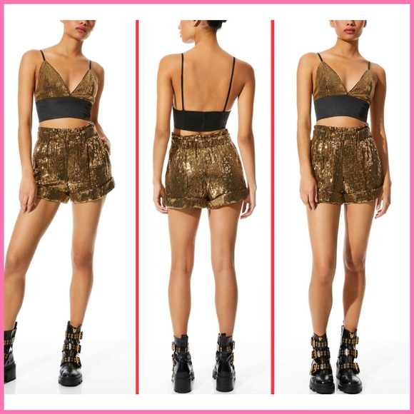 Alice + Olivia Carli Sequined Embellished Gold Bronze Black Bra Crop Top - Picture 7 of 17